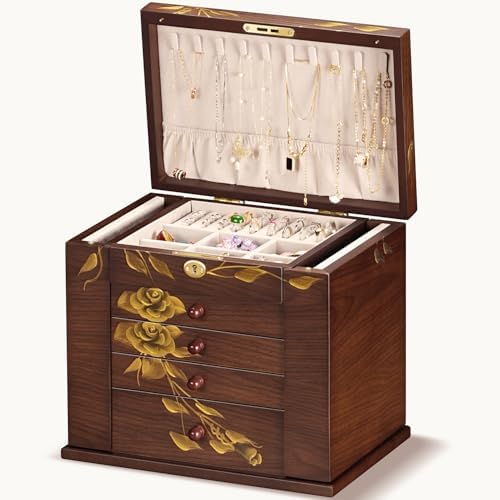 Hand-Painted Rose Wood Jewelry Box, 8-Layer Lockable Vintage Organizer - Image 2