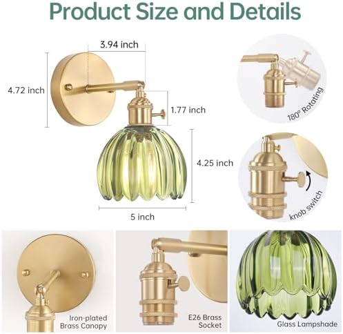 Shenmoyl Vintage Wall Sconces Set of 2 with Green Tulip Glass Lampshade 180 Degree Adjustable Brass Sconces Hradwired Modern Wall Lighting Fixture with Switch for Bedside Bedroom Doorway - Image 6