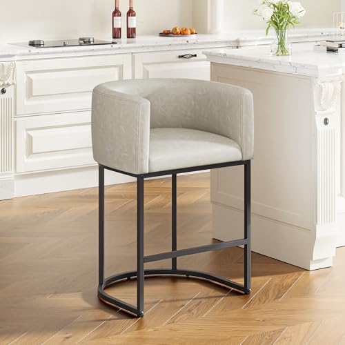 26" H Counter Height Bar Stools Set of 1, Modern Barrel Counter Stools with Backrest and Arms, Faux Leather Upholstered Accent Barstools for Kitchen Island,Support 450 LBS (Grayish White) by VATROS