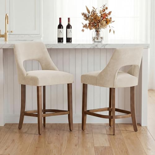 UVV Bar Stools Set of 3, Upholstered Counter Height Bar Stools, Modern Counter Stools with Wood Legs for Kitchen Island Dining Room Bar, Beige - Image 6