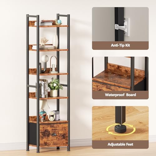 Furologee Book Shelf Set of 2, 6 Tier Tall Shelf with Drawer, Bookshelves and Bookcases Set of 2, Industrial Display Shelving Unit for Bedroom, Living Room, Home Office, Rustic Brown - Image 4
