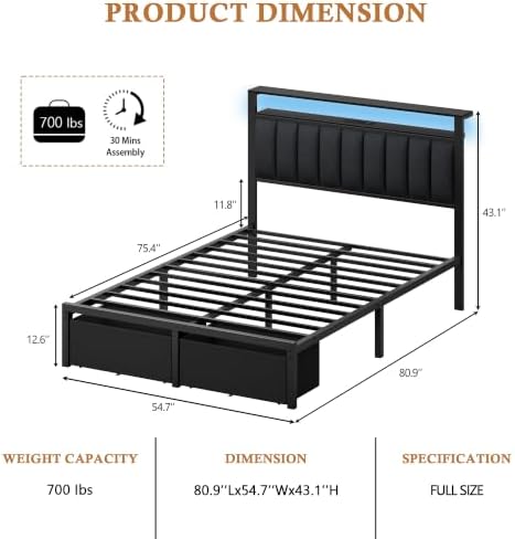 Furnulem Full Size Bed Frame with Storage Drawers and Upholstered Headboard - Image 2