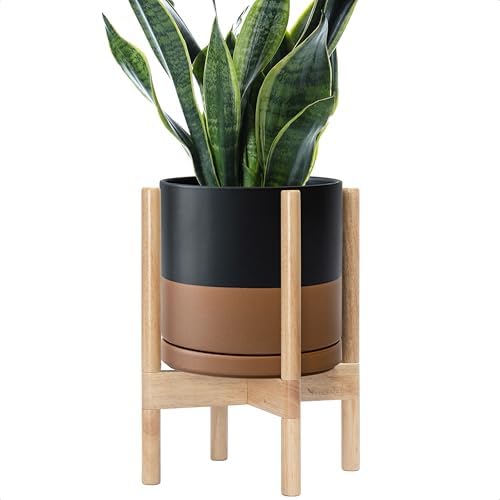 D'vine Dev Ceramic Pot with Natural Wood Stand, Black/Tan, 10 in, 55-B-K-7 by DvineDevPlanterPotsandStand