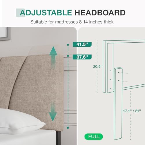 Novilla Full Size Bed Frame with Adjustable Headboard Platform Bed Frame Full Size Linen Fabric Upholstered Headboard, No Box Spring Needed, Wooden Slats Support, Easy Assembly, Light Beige - Image 4