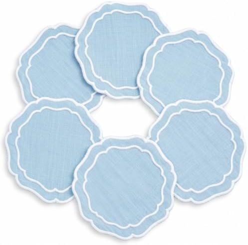 Linen Coasters for Drinks, Set of 6, 4.5 inch, Sky Blue by EmbroideryLinenVN