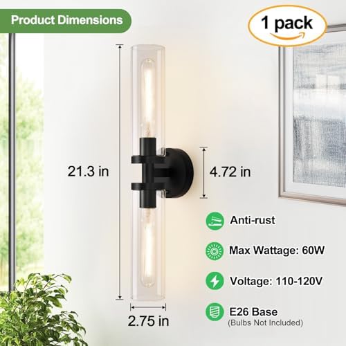 Indoi Matte Black Wall Sconces, Hardwired Bathroom Sconces Wall Lighting with Clear Glass, Modern Sconces Wall Light fixtures for Bathroom Mirror Living Room Hallway Bedroom - Image 4