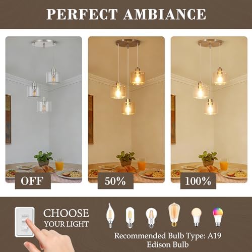 Brushed Nickel Dining Room Chandelier Light Fixture, 3-Light Pendant Lighting with Clear Glass, Modern Kitchen Island Cluster Hanging Pendant Lights for Kitchen Dining Room, OS-YQ8153-3BNC - Image 6