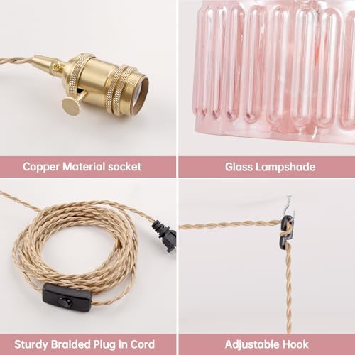 Shenmoyl Plug in Pendant Light Hanging Light Fixtures with Plugin Cord On/Off Switch,Pink Striped Glass Lampshade Brass Pendant Light - Image 5