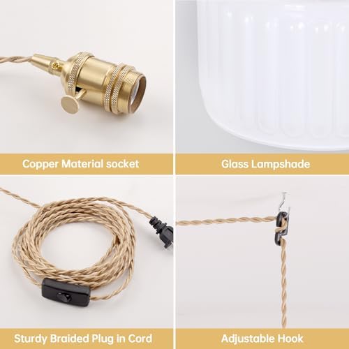 Shenmoyl Plug in Pendant Light Hanging Light Fixtures with Plugin Cord On/Off Switch,White Striped Glass Lampshade Brass Pendant Light - Image 5