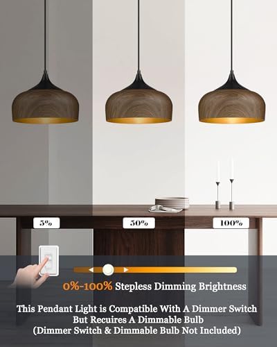 ELYONA Modern Bauhaus Pendant Light Walnut Wooden Pattern Dome Pendant Light Fixture Matte Black Metal Gold Inner Adjustable Hanging Lighting for Kitchen Island Dining Room Office Hallway Bedroom - Image 2