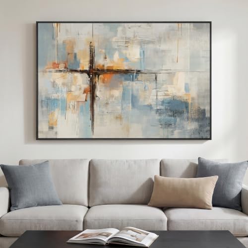 Extra Large Framed Blue Orange Abstract Cross Wall Art, Horizontal 60x40 In by Cuspin