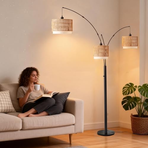 Black Arc Floor Lamp for Living Room, Boho Floor Lamp with Stepless Dimmable Switch, Rattan Standing Lamp with Wicker&Fabric Shade, Farmhouse Tall Lamp for Bedroom Over Couch Corner Reading - Image 5