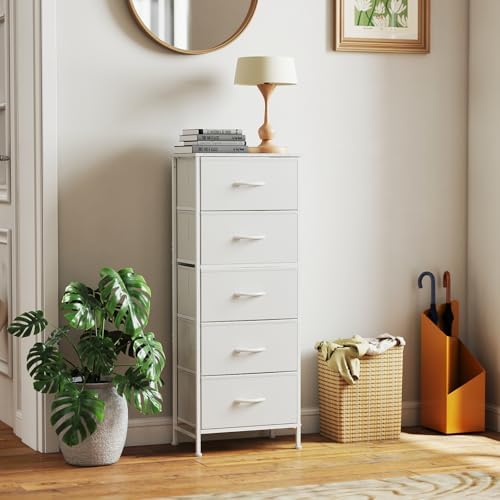 DUMOS Nightstand with 5 Drawers Bedside Table with Removable Fabric Bins Sturdy Steel Frame Wood Top Organizer Furniture for Bedroom Closet Living Room, White - Image 2