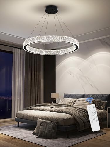 Modern Crystal Ring Chandelier 31.5in Ring Pendant Light Adjustable LED Dimmable Black Crystal Chandelier for Dining Room Living Room - Image 5