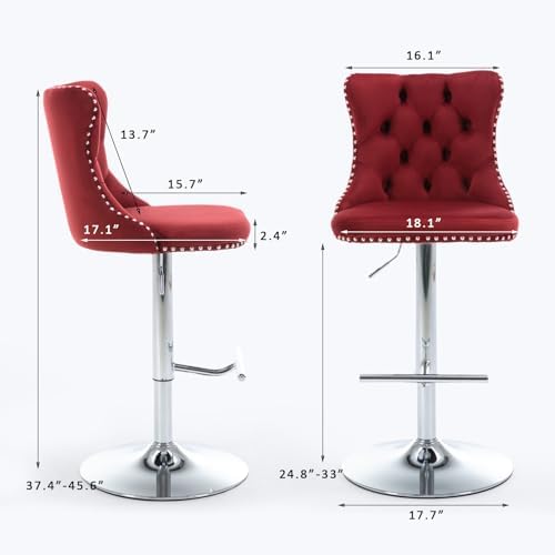 SoarFlash Velvet Bar Stool Set of 6, Adjustable Swivel Bar Stools with Silver Plated Metal Leg, Button Tufted, Footrest, Chrome Nailhead, Counter Height Chair for Kitchen, Bar, Dining Room (Wine Red) - Image 2