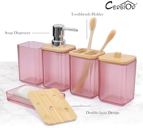 CERBIOR Bamboo Bathroom Accessories Set 7 Piece Bath Ensemble,Pink - Image 3