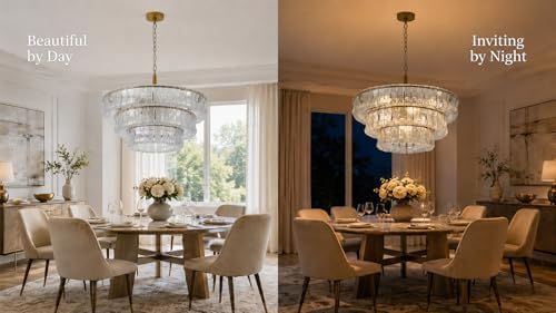 3-Tier 26 Inch Clear Crystal Glass Chandeliers, Modern Round Luxury 7 Lights Hanging Pendant Light Fixture, for Dining Living Room, Bedroom, Foyer, Entryway(Included E12 Bulbs) - Image 6