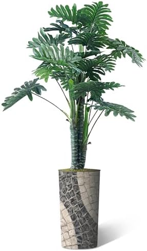 Artificial Tree in Geometric Pattern Planter, Fake Philodendron Tree Silk Tree for Indoor and Outdoor Home Decoration - 70" Overall Tall (Plant Pot Plus Tree) - Image 2