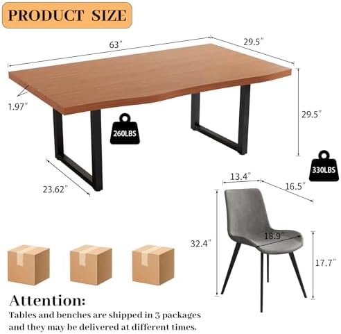 HIPIHOM 63" Wooden Dinner Table Det for 4, Modern Kitchen Table Set of 6, Thickened MDF Living Room Table for Dining Room, Kitchen, Office - Image 3