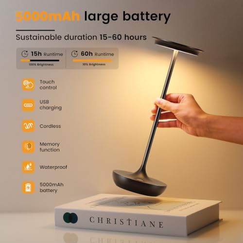 LED Rechargeable Cordless Table Lamp Battery Operated Light Set of 2 Black - Image 3