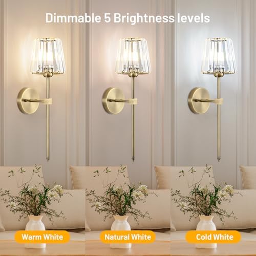 Crystal Battery Operated Wall Sconces Set of 2, Brass Rechargeable Wireless Wall Lights with Crystal Lampshade, 12 RGB and 3CCT Dimmable Wall Lamp with Remote for Bedroom Living Room Hallway - Image 7