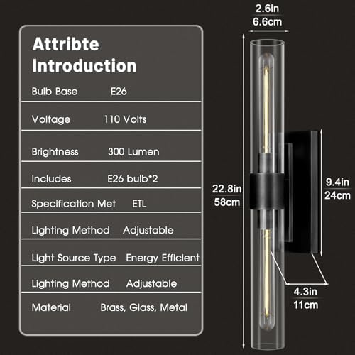 Black Wall Sconces, 22.8" Bathroom Sconces, Sconces Wall Lighting 2-Light, Bronze Wall Sconces Set of Two, Vanity Lights Tube Sconce, Glass Wall Sconce for Living Room, Bedroom, Hallway - Image 3