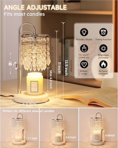 Candle Warmer Lamp with Timer Dimmer and 3 Bulbs, Candle Lamp Warmer with Marble Base for Adjustable Height, Crystal Candle Lamp for Jar Candles, House Warming Gifts Home Room Decor, Silver - Image 3