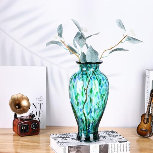 11.8" Tall Glass Vase Beautiful Hand Blown Glass Vase Modern Art Home Decor, Wide Mouth Colorful Vases for Mantle Dining Table Centerpiece, Entryway Living Room Wedding Decoration (Jade Green) - Image 2