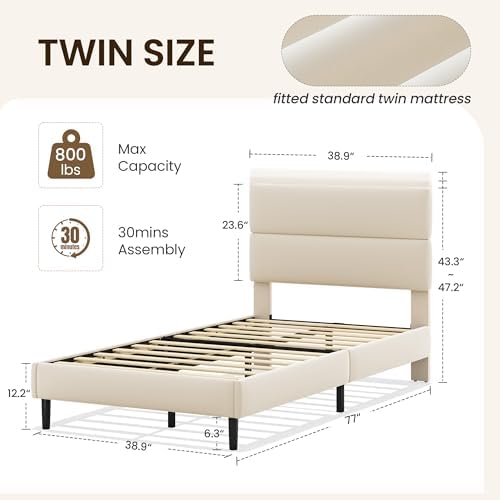 GRUSIGN Twin Size Platform Bed Frame with Velvet Headboard, Adjustable Height Wooden Slats Support, Upholstered Mattress Foundation, Fits Mattress or Mattress with Box Spring, Easy Assembly, Beige - Image 2