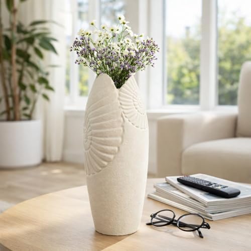 Elegant Oval Vase with Spiral Design for Living Room Decor - Coastal Ceramic Flower Vase for Home, Bedroom, and Office Table Display - Shell Accent Piece for Room or Kitchen Styling - 16", Ivory & Tan by NESSANDJORD