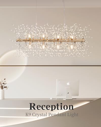 Modern 35.4" Modern Gold Crystal Firework Chandelier, 12-Light Pendant Light Fixture, Rectangle Linear Sputnik Dandelion Chandeliers for Dining Room Kitchen Living Room - Image 5