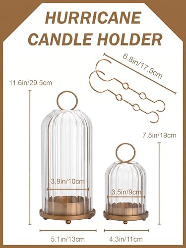 5" & 4" Metal Candle Holder with Ribbed Glass Candle Lanterns Set of 2, Vintage Windproof Hurricane Pillar Candle Holder, Decorative Table Centerpiece Patio Decor, Brass - Image 2