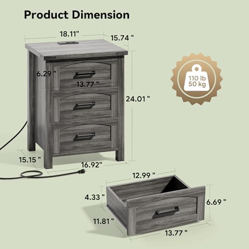 Decofy Farmhouse Nightstand Set of 2 with Charging Station, 3 Drawers - Image 2
