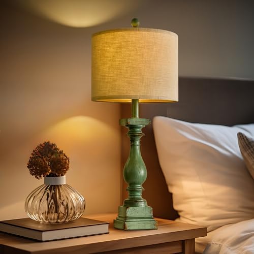 BOBOMOMO 27" Farmhouse Table Lamp Set of 2 with USB A+C for Bedroom Living Room Vintage Rustic Traditional Nightstand Bedside Lamps Retro Side Table Lamps (Green) - Image 4