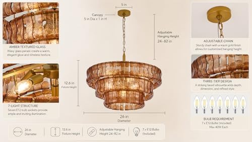 3-Tier 26 Inch Amber Crystal Glass Chandeliers, Modern Round Luxury 7 Lights Hanging Pendant Light Fixture, for Dining Living Room, Bedroom, Foyer, Entryway(Included E12 Bulbs) - Image 4