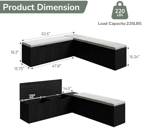 Bobve L-Shape Storage Bench with Cushion, Backless Corner Dining Bench, Kitchen Dining Nook Bench with Hidden Storage for Dining Room, Kitchen, Entryway (Black) - Image 2