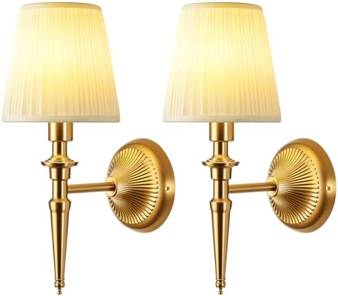 Battery Operated Wall Sconces Set of 2, Wireless Rechargeable Wall Lights with 12 RGB Colors and 3CCT Dimmable, Small Fabric LED Wall Lamps for Bedroom, Living Room, Hallway, Gold by NICOLONOROutdoorBarnLights