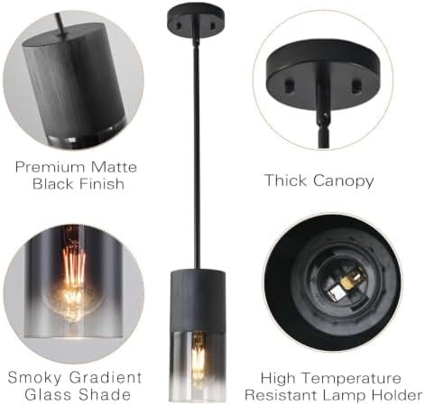 Pendant Light Fixtures, Adjustable Modern Pendant Lights for Kitchen Island, Industrial Glass Pendant Lights for Dining Table Hallway Bedroom Living Room Black 3 Packs - Image 4