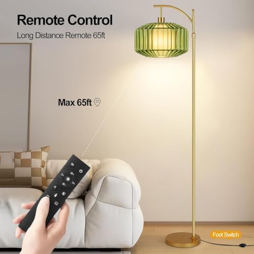Arc Floor Lamp For Living Room,Bedroom,Gold Vintage Remote Dimmable Standing Lamps With Green Drum Glass&Fabric Shade,LED Tall Floor Light For Office,Modern Boho Farmhouse Cute Corner MCM Lamp - Image 5