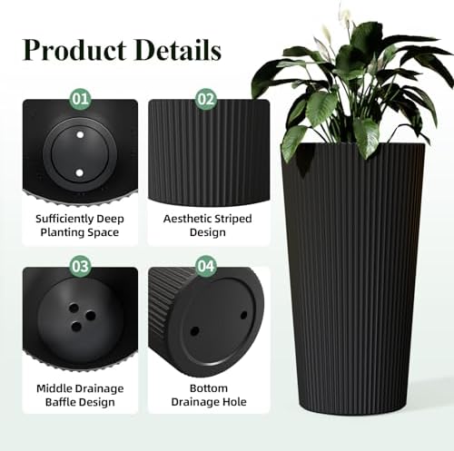 24" Tall Round Planters for Outdoor Plants Fluted Finishes - Black - Image 3