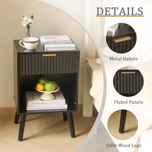 Fultyle Fluted Black Nightstand with Charging Station, Modern Bedside Table - Image 6