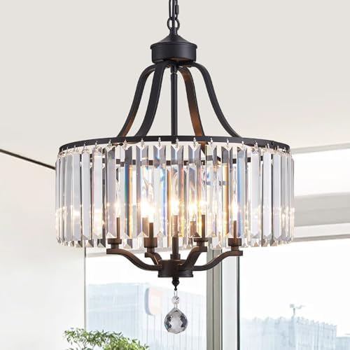 Black Crystal Chandeliers for Dining Room, 4-Light Modern Round Chandeliers 15.7" for Living Room Kitchen Hallway Bedroom Foyer Hall, Adjustable Height Hanging Light Fixture by peksoe