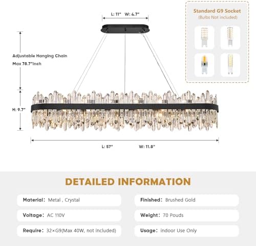 Black Oval Crystal Chandelier L57 inch, 32-Lights Chandeliers Modern Crystal Chandelier Pendant Light Fixture G9 Lights Pendant Ceiling Light for Kitchen Island High Ceiling - Image 2