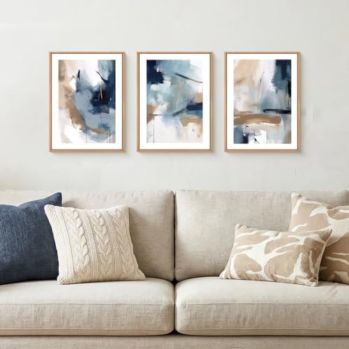 LHIUEM Abstract Navy Blue Framed Canvas Wall Art,Neutral Brush Stroke Wall Decor,Modern Pastel Brown Wall Painting,Minimalist Shapes Artwork for Living Room,Bedroom,Office- 12''x16''x3 - Image 2