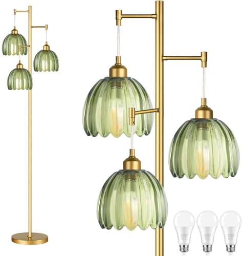 QIYIZM Gold Floor Lamp for Living Room,Bedroom,Mid Century Modern Standing Lamp Brass Tree 3 Light Tall Floor Lamps Vintage Retro Floor Lights Glass Green Flower Lamp Shade Farmhouse Boho Bohemian by QIYIZM