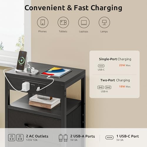 Lazzanto Night Stand with Charger Station, 3 Fabric Drawers, Black - Image 4