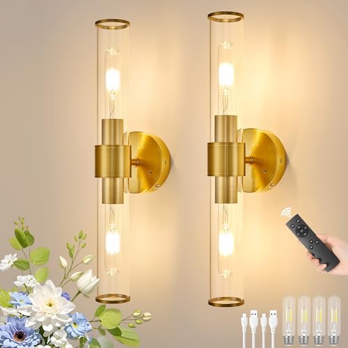 Gold Battery Operated Wall Sconces Set of 2, Rechargeable Wall Lights by Morauroral