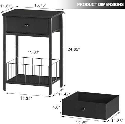 Small nightstand, Bed Side Tables Bedroom, Black Side Table, end Table with Drawer, one Drawer nightstand, Black end Table LNT0061BK - Image 2