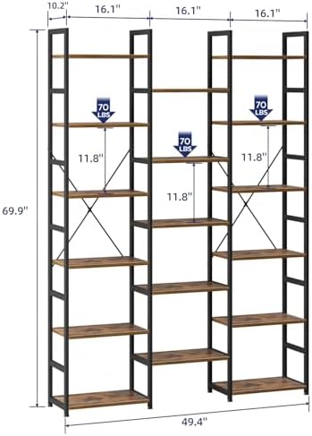 NUMENN Triple Column 6 Tier Bookshelf with 17 Adjustable Shelves, Vintage - Image 3