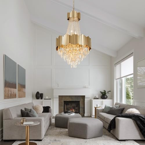 Crystal Chandeliers for High Ceilings 12-Light Modern Chandelier Large Gold Chandelier Light Fixture for Foyer,Living Room,Dining Room,Entryway Width-23.6 inch - Image 6